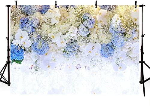MEHOFOND 3 x 2,1 m Frühling Blau und Weiß Blume Geburtstag Fotografie Hintergrund Blumenwand Valentinstag Brautdusche Hochzeit Hintergrund Kuchen Tisch Dekor Fotostudio Requisiten