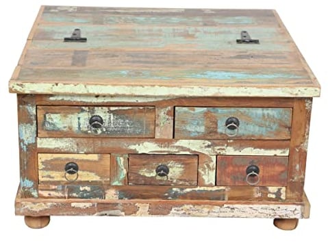 Casa Moro Shabby Chic Truhentisch Venezia 70x70x38 cm recyceltes massiv Holz mit 5 Schubladen | Couchtisch quadratisch | Vintage Wohnzimmertisch mit klappbarer Tischplatte | CAC120
