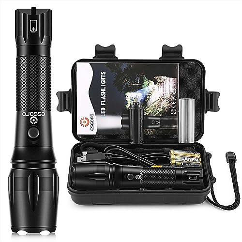 Esgofo Taschenlampe LED Aufladbar USB C, Extrem Hell 10000 Lumen Taktische Taschenlampen, Groß Starke extrem Helle Flashlight Torch Flash Light, Zoombare Wasserdicht 5 Lichtmodi für Outdoor Camping