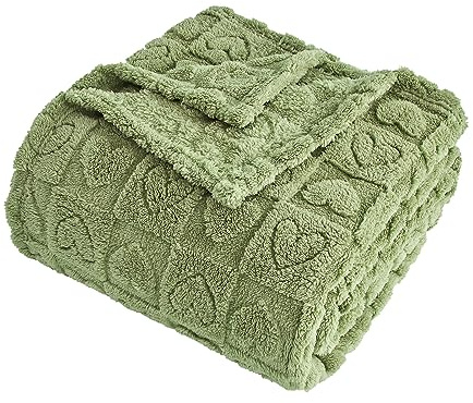 FY FIBER HOUSE Throw Blankets with Heart Checkered,Soft Warm Blankets for Lover Mom Father Gifts,Washable Lightweight Fuzzy Blanket for Couch Sofa Bed All Season(Sage Green,60x80)