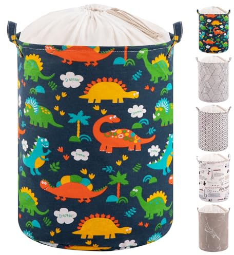 Large Laundry Basket 19.7 Inch Storage Basket Hamper with Lid Collapsible Drawstring Clothes Washing Basket with Handle,Foldable Bathroom Bedroom Storage for Clothes Toys Towels (Blue Dinosaur)