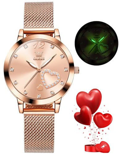 OLEVS Ladies Watch Japanese Quartz Rose Gold Stainless Steel Mesh Strap Diamond Luxury Dress Waterproof Luminous Bracelet Sets