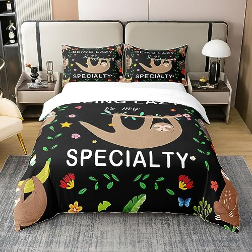 Cartoon Faultier 100% Bio-Baumwolle Bettbezug 155x220,Dschungel Tier Bettwäsche Set,Kawaii Faultier Blumen Blätter Banana Tröster Abdeckung,Lustige Wildlife Gelb Stern Bett Sets mit 1 Kissenbezug