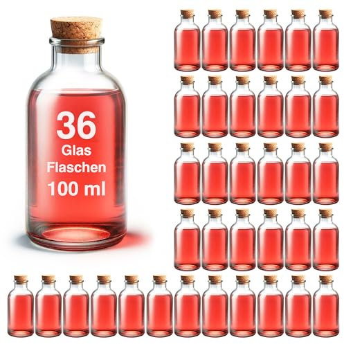 casavetro 36 x 100 ml kleine Glas-Flaschen 10 cm hoch, kleine Vase mit Korken Tisch-deko, Fläschchen für Hochzeit Set Gast-Geschenke (Inkl.Korken)