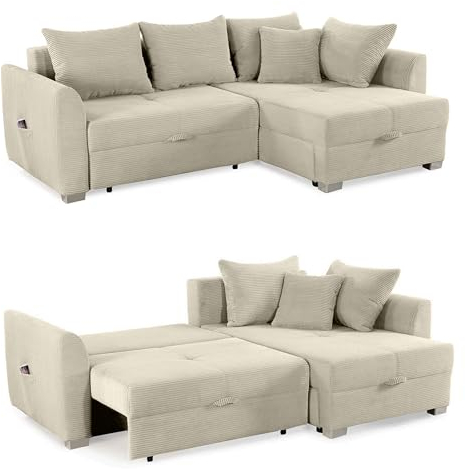 Cord Ecksofa 236x160 cm mit Schlaffunktion und Bettkasten, Tasche in der Armlehne, L-Couch mit Ottomane ausziehbar, links oder rechts montierbar, Bezug Cordstoff in Beige Grau / 15201