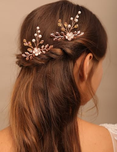 BERYUAN Flower Leaves Pearl Rhinestone Hair Pins Champagne Rhinestone Pearls Wedding Headband Rose Gold Wedding Hair Accessories Rose Gold Bridal Headpiece (2pcs)