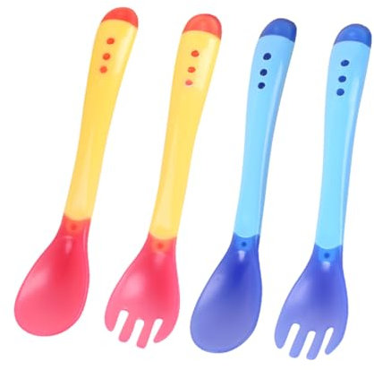 ibasenice 4stücke Teiliges Babybesteckset Mit Temperaturfühler Weiche Und Für Kleinkinder - Gelb Und Blau Für Sicheres Und Füttern