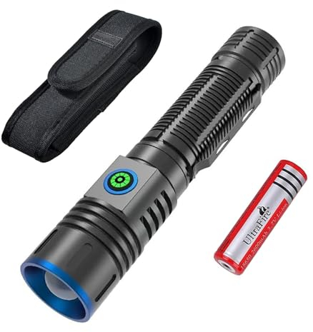 ULTRAFIRE Linterna táctica recargable con funda, linterna LED superbrillante de 2000 lúmenes con batería recargable, 5 modos de zoom, pequeña linterna portátil