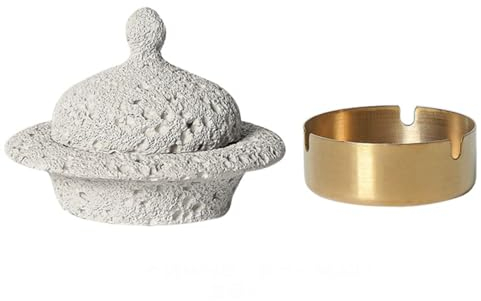 Cutfouwe Tisch Mülleimer-Φ15 X H11.2Cm-Beton + Edelstahl-Wind- Und Geruchssicher Mit Deckel-Leicht Zu Reinigen,Weiß,A