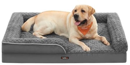 Feandrea Orthopädisches Hundebett für große Hunde, wasserdichtes Hundesofa mit abnehmbarem Plüsch-Bezug, 122 x 89 x 18 cm, schiefergrau PGW254G02
