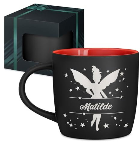 Maverton Tazza da caffè latte o tè in ceramica - 400 ml - Incisione personalizzata - Bicchiere con manico per bevande per Lei - Tazze da colazione per compleanno donna - Interno rosso - fatina