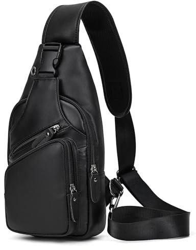 newsbirds Herren Echtes Leder Brusttasche Umhängetasche Sport Outdoor Messenger Bag Wanderrucksäcke, 9455 schwarz