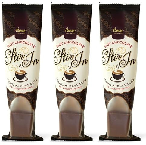Hames Milk Hot Chocolate Spoons, Pack of 3, Chocolate Block with Wooden Stirrer, Flow Wrapped, 100% Recyclable, Gift/Sleepover/Luxury Chocolate Drink (3, Milk Chocolate Stirrers)