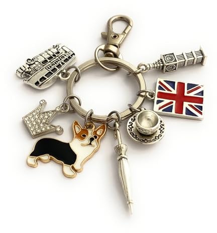 FizzyButton Gifts London Keyring Key Ring with Bus, Corgi, Crown, Umbrella, Union Jack Flag, Big Ben and Teacup Charms with Lobster Clasp