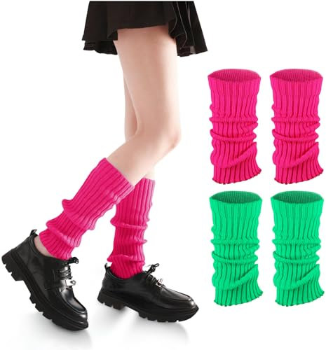 Lot de 2 Jambiere Femme en Vert et Rouge Rose, Guêtres Femme, Leg Warmers, Chaussettes Côtelées Fluo, Accessoires Élégants Pour des Tenues Inspirées Pour Le Yoga, La Course, La Randonnée