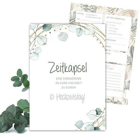 MILINDO Karten Hochzeitsgeschenk/Überraschung Zeitkapsel - Geschenk für Brautpaar – Erinnerungskarten – Eukalyptus – Boho Stil (50 Karten)