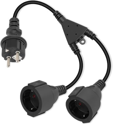 RIIEYOCA Stecker auf Doppelsteckdose Schutzkontakt Verlängerungskabel, 16A / 250V Wasserdichtes Stromverlängerungskabel für den Außenbereich (Schwarz, Gerade, 1 in 2)