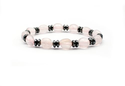 Handgefertigtes Armband aus Rosenquarz und Hämatin – Barockes Design mit 11x8 mm Rosenquarz-Perlen & 6 mm Hämatin, echtes Edelstein-Schmuckstück aus Deutschland