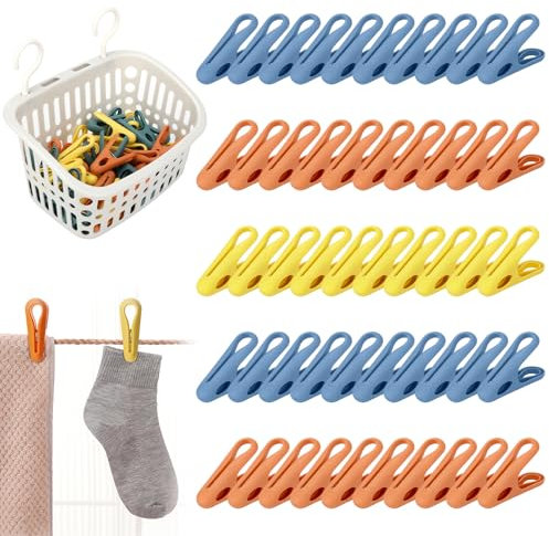 Sprifityy 50 Pieces with Basket Clothes Pegs with Basket Wäscheklammern stabil ohne Abdruck Soft Clips,aus Kunststoff,rutschfeste Wäscheklammern für Wäscheleine oder Wäscheständer (Grün,Orange, Gelb)