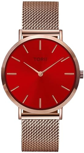 TORII Damenuhr Rot Edelstahl - rund Quarz R38RM.TR Milanaise-Armband Strichindizes wasserdicht 50 m
