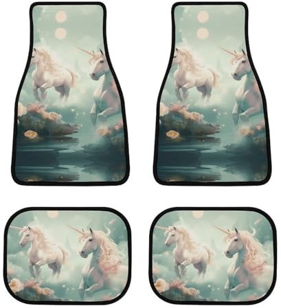 4 Stück Auto Fußmatten Set rutschfeste Auto Fußmatten Einhörner Gedruckt Automatten Allwetter Auto Teppich Auto Zubehör für Limousinen LKW Vans SUV Fahrzeug