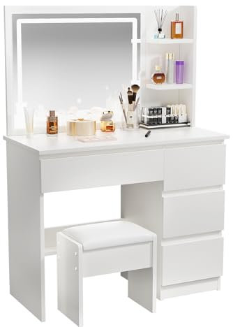 ZenkiHome Dressing Table with Mirror and Adjustable LED Lights, 100cm Wide Vanity Desk with 4 Drawers, White, Stool Included