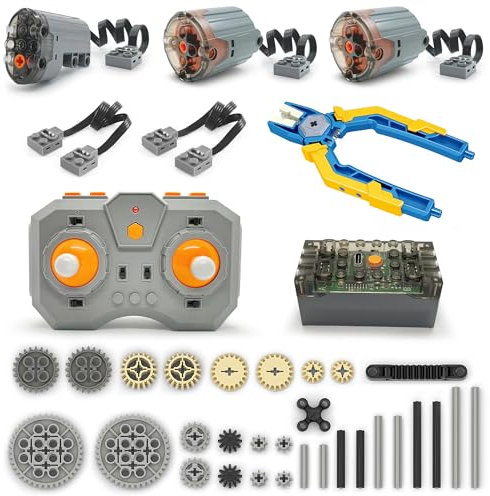 Technik Motoren Set, 2x XL Motoren, 1x Servomotor, Fernbedienung, Batteriemodul, Verlängerungskabel, Ersatzteile Zahnräder Achsen, Kompatibel mit Technic Klemmbausteine (B)