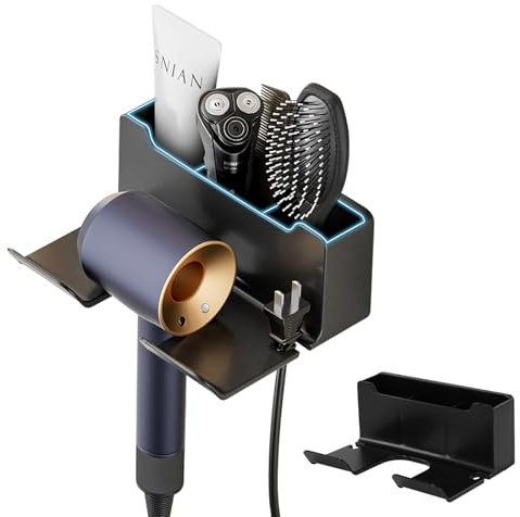 LIFVCNT Fönhalter Ohne Bohren, Föhn Halterung, Föhnhalterung Bad Ohne Bohren, Haartrocknerhalter, Haartrockner Halterung, Föhnhalter Wand Ohne Bohre mit Steckerhalter & Aufbewahrung