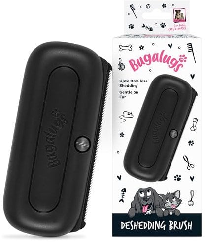 Bugalugs Deshedding Brush for Dogs, Cats, Horses - Pet Grooming Tool that is Gentle & Effective With Wide Shallow Comb, Smooth Groomer for Dog, Cat and Horse (Black)