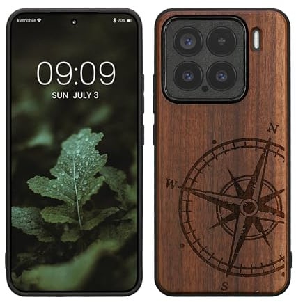 kwmobile Hülle kompatibel mit Xiaomi 15 Hülle - Holz Case - Handy Cover - TPU Handyhülle in Dunkelbraun Kompass Vintage