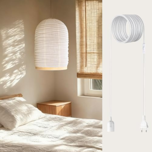 Methedeeco Hängelampe Stoff Bambus, 34 x 50 cm | Mit Stecker, Handgefertigt, 4,75 m Kabel, Boho Lampe für Schlafzimmer, Wohnzimmer, Essbereich, Ohne Leuchtmittel