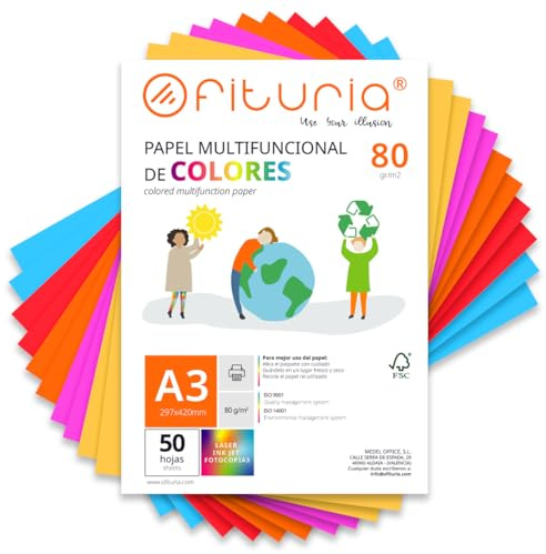 OFITURIA Buntes Papier, 50 Blatt A3 80g – Farbiges Papier für Basteln, Drucker, Scrapbooking – Farbbögen (Starke Farben, 50 Blatt)