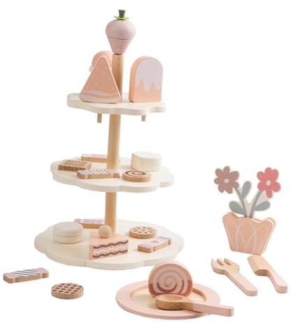 TTETTZ Service à Thé En Bois avec Présentoir à Cupcakes et Desserts pour Jeux de Rôle pour Enfants