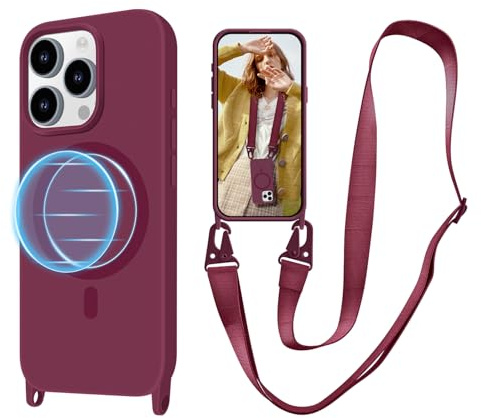 VooDirop Handykette Hülle für iPhone 15 Pro Max mit Band [Kompatibel mit Magsafe], Magnetische Handyhülle TPU Silikon Schutzhülle zum Umhängen Kordel für iPhone 15 Pro Max 6.7''