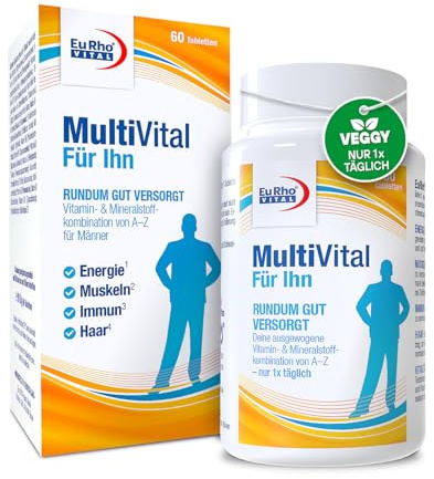 MultiVital Für Ihn A–Z Multivitamin Tabletten speziell für Männer | 13 Vitamine + 10 Mineralstoffe, für Energie, Muskeln, Immunsystem, Haare und Vitalität, 60 vegetarische Tabletten