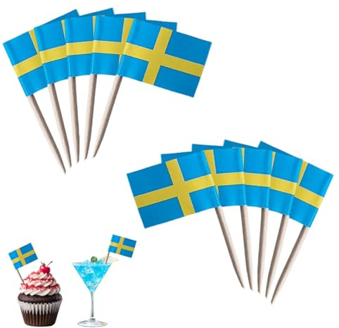 100 banderas de Suecia, palillos de dientes con bandera de Suecia, decoración de Suecia, bandera de Suecia, para cócteles, palillos de dientes con banderas para cupcakes, vajilla, fiesta, pub, EM WM