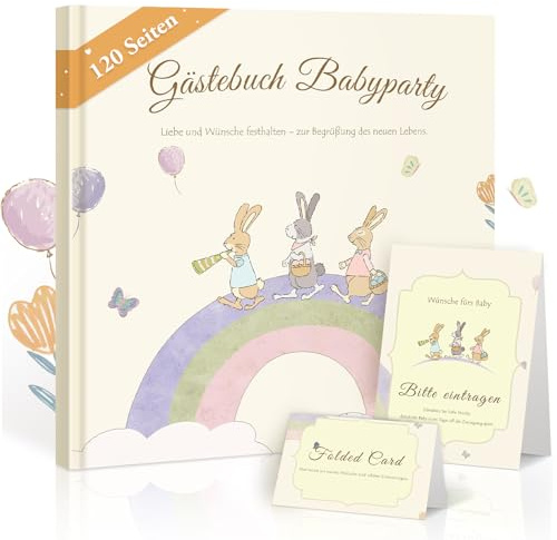 Foliom Babyparty Gästebuch Set Hardcover 20x20 cm, 120 Seiten, mit Tischschild & Willkommenskarte, Hasen-Motiv Erinnerungsbuch für Baby Shower, Taufe, Geburtstag – Mädchen & Jungen
