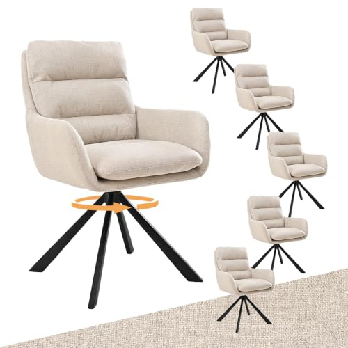 Bon Furni Esszimmerstuhl Drehbar 6er mit Armlehne – 360° Drehbarer Einzelstuhl mit Doppelter Rückenlehne und Abnehmbarem Sitzkissen,Beige
