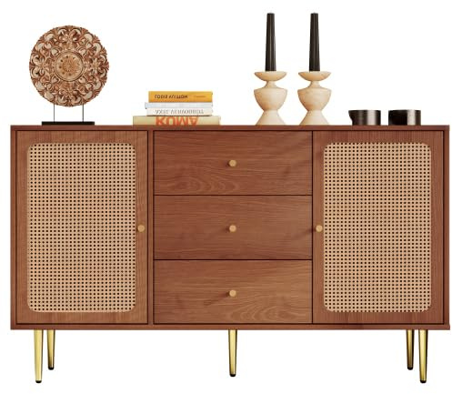 gonew21 Vintage Kommode 150cm mit Rattan Türen, 3 Schubladen & 2 Türen, Höhenverstellbarer Einlegeboden, Nussbaum Aufbewahrungsschrank für Schlafzimmer, Retro Stil Aufbewahrungslösung