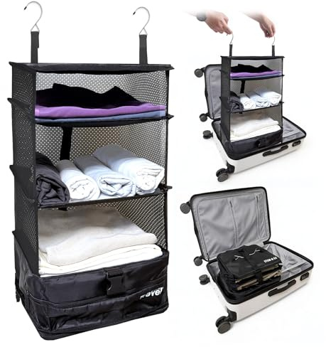 Grand Fusion Stow-N-Go Packing Organizer for Luggage, Portable Hanging Travel Shelves, Carry-On Closet, Hanging Packing Cubes, Collapsible Carry-On Organizer for Cruises & Hotels. Black - L