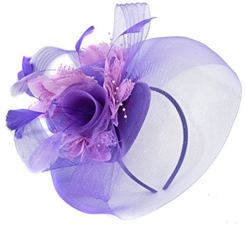 Feather Flower Fascinator Hat Veil Net Headband Clip Ascot Derby Races Wedding (Purple and Lilac)