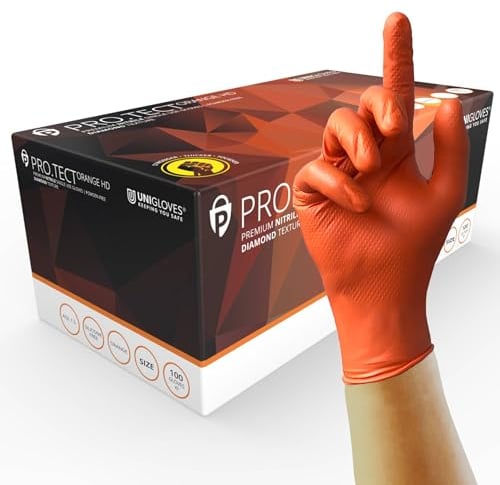 UNIGLOVES PROTECT Orange HD GA0054 Nitril Einweghandschuhe - extra stark, vielseitig einsetzbar, puderfrei, silikonfrei, Box mit 100 Handschuhen, Orange, Groß