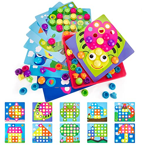 Geekper Mosaik Steckspiel ab 2 3 4 5 Jahre, Mosaik Steckspiel für Kinder Steckspiel ab 2 3 4 5 Kinderspielzeug Montessori Spielzeug 2 Jahre für Geburtstag Geschenk, 10 Karten und 58 Steckperlen