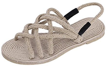 G-LIKE Damen Sommerschuhe Seile Sandalen - Traditionelle Hanfseile Handarbeit Flechtband Rutschfest Flache Flip Flops Cosplay Clogs Slipper Sneaker Schuhe TPR Sohle Für Frauen Mädchen (38 EU, Beige)