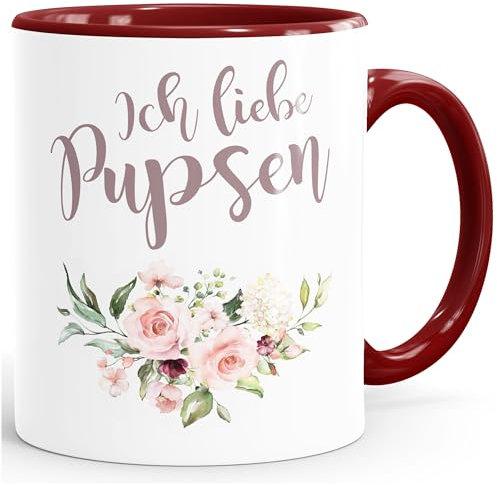 MoonWorks Ich liebe Pupsen Tasse Blumenkranz Rosen Tasse Kaffeetasse Teetasse Keramiktasse Bordeauxrot Keramik-Tasse