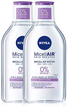 NIVEA MicellAIR Micellar Water Pack of 2 (2 x 400ml) 3in1 Sensitive Make Up Remover, Micellar Cleaning Water, Gentle Moisturiser for Women with Almond Oil