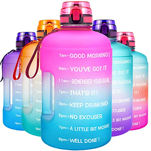 QuiFit 2.2L Litre Motivational Water Bottle - with Strainer & Time Marker,Fruit Infuser Travel Water Jug for Outdoors Sports Fitness BPA Free (Pink/Blue Gradient, 2.2 L)