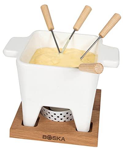 Boska Tapas Fondue Bianco L/Für Käsefondue & Saucen/Kleines Fondue-Set/Mit Untergestell & Teelicht/Mikrowellen- & spülmaschinenfest / 600 ml