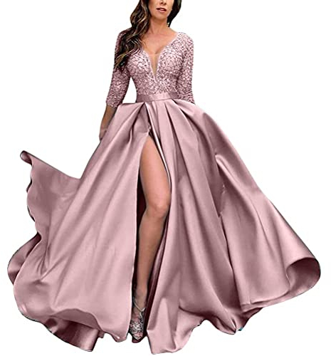 Onsoyours Damen Spitze Off Shoulder Plissee Kurzarm Schlitz Elegante Maxikleid Partykleid Abendkleid B Rosa M