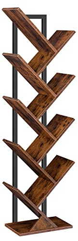 HOOBRO Tree Bookshelf, 9-Tier Bookcase Wooden Shelves, Floor Standing Storage Rack, for Display of CDs, Books in Living Room, Home Office, Wood Storage Rack for Bedroom, Rustic Brown BF08SJ01G1
